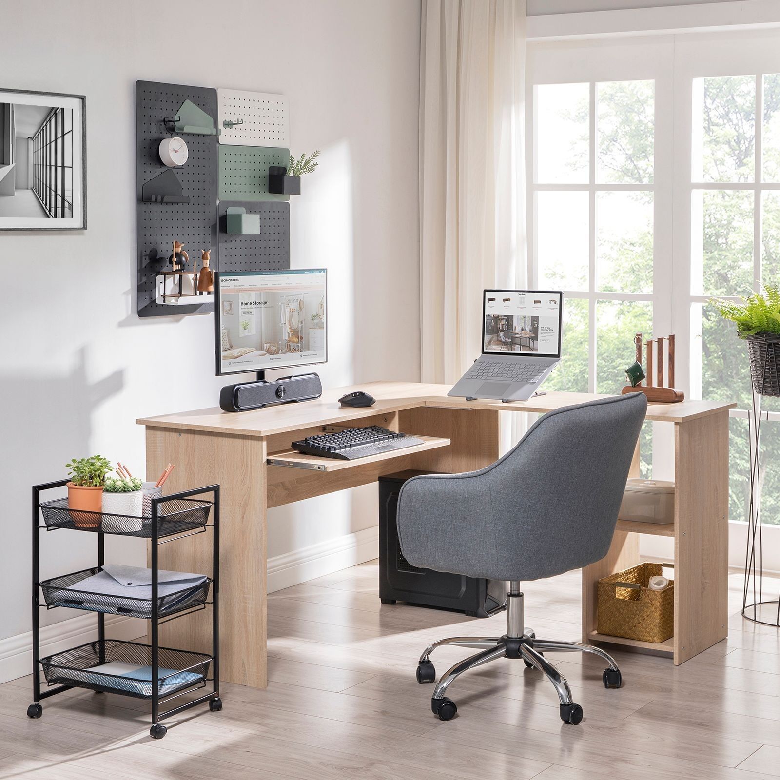 L-shaped computer desk in oak