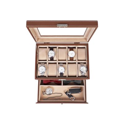 Caja para 10 relojes con compartimento para joyas.