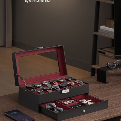 Caja para relojes con 12 compartimentos y tapa de cristal. Tapa de PU en color negro, forro en color rojo vino.