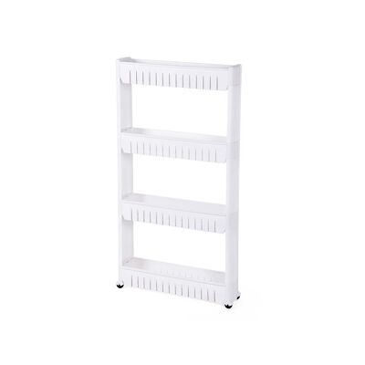 Narrow standing shelf on wheels with 4 compartments