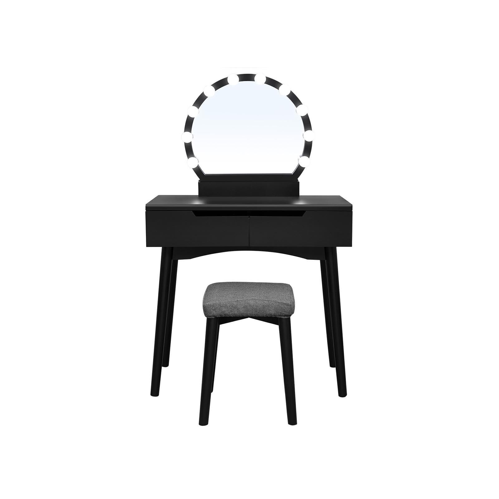 Dressing table with black light bulbs