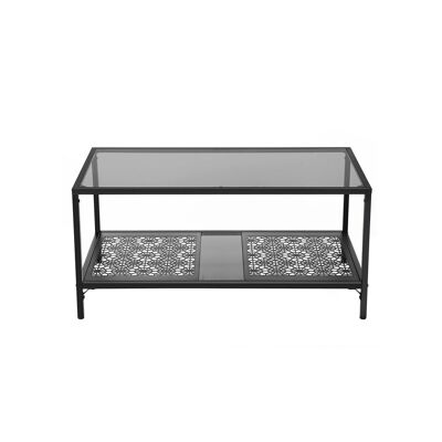 Mesa de centro de cristal con estampado floral.