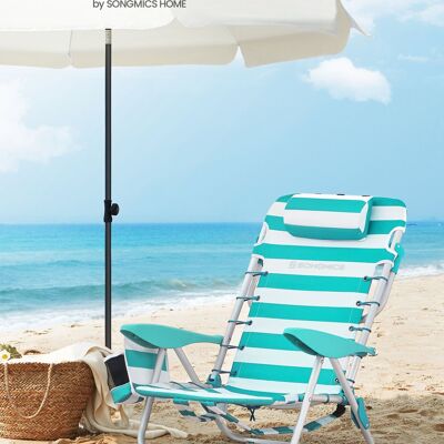 Chaise de plage avec appui-tête amovible, lot de 2, rayé vert et blanc