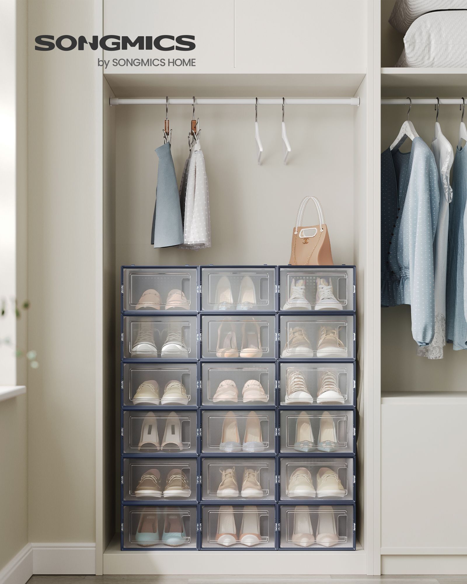 Boîtes à chaussures lot de 18 pliables et empilables transparent-bleu anthracite