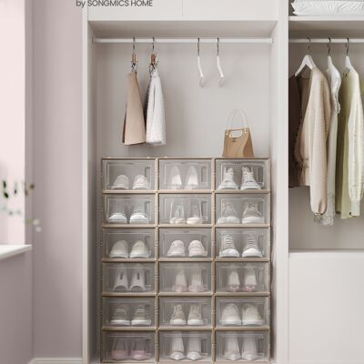 Shoe boxes set of 18 foldable and stackable transparent-oatmeal beige
