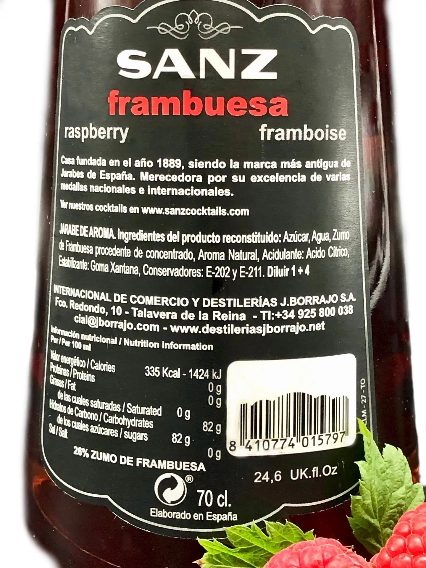 Himbeersirup SANZ, aus 26% Himbeersaft. Alkoholfrei. 0,7l