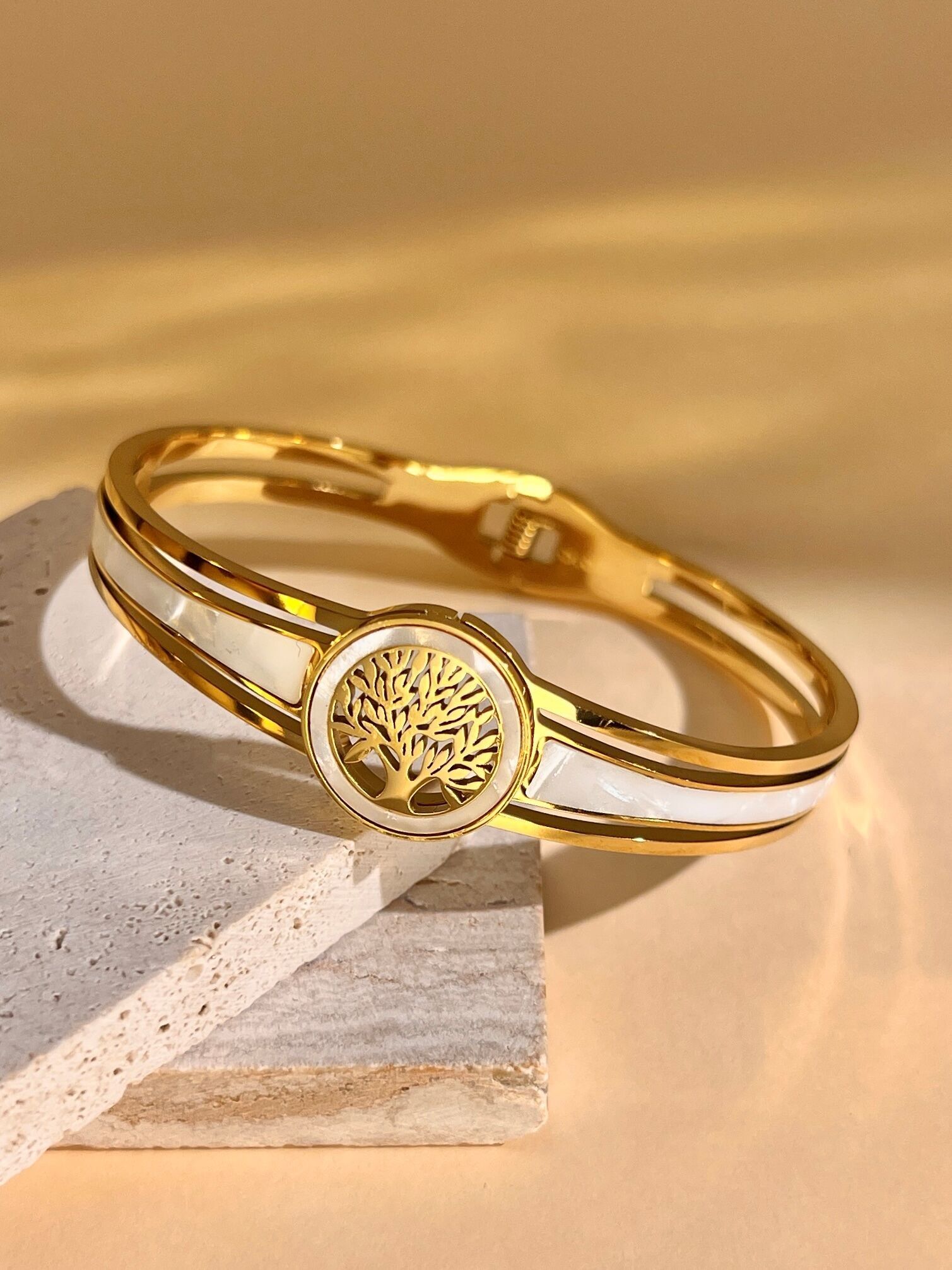 Tree of Life Bracelet – Gold Steel and White Mother-of-Pearl