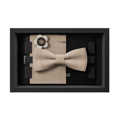 Set de regalo para hombre | Pajarita de lino beige natural + Pañuelo de bolsillo y ramillete | Hecho a mano en Alemania