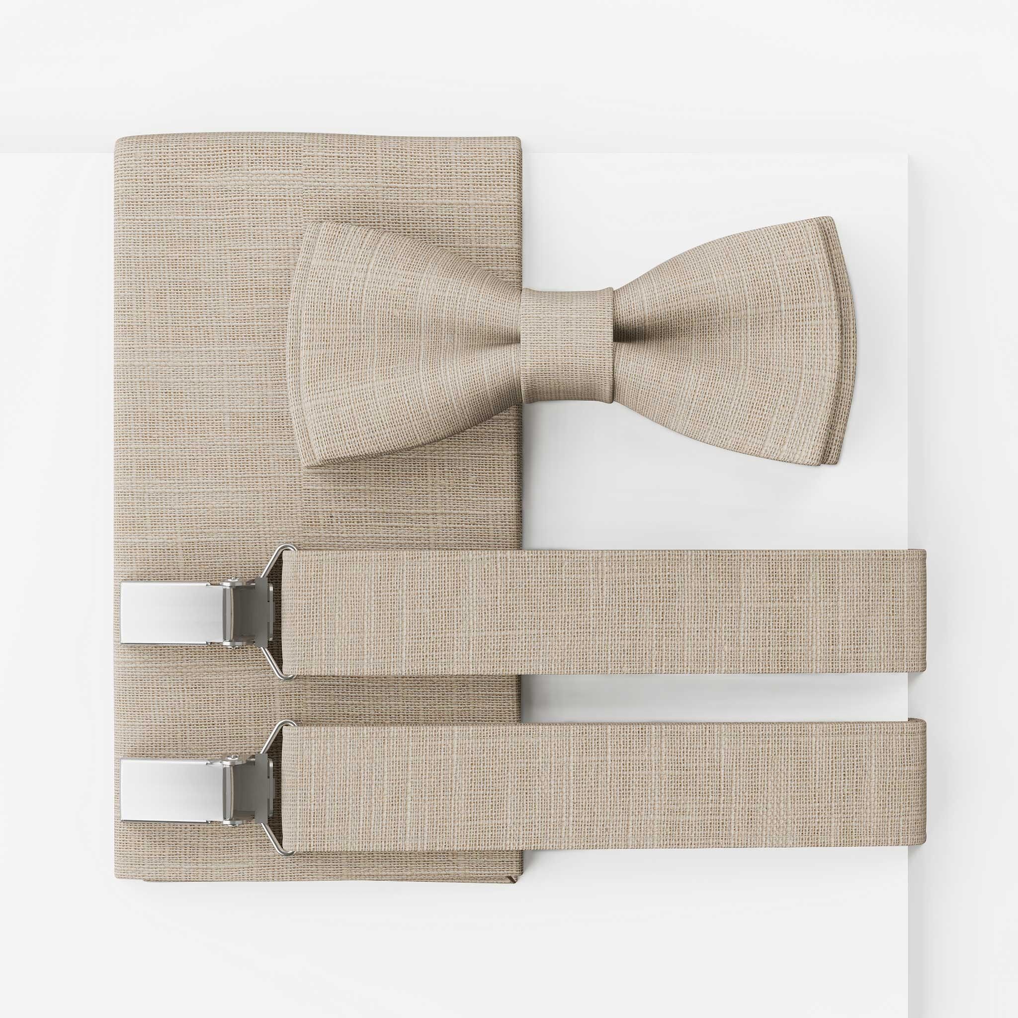 Set papillon da uomo in lino beige naturale | Grande pipistrello | Papillon e fazzoletto da taschino o completo di bretelle