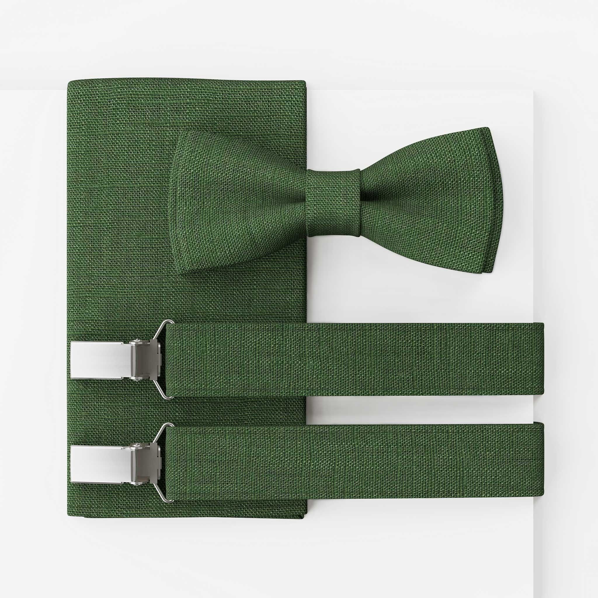 Herrenfliege Set Leinen Dunkel Grün | Large Batwing | Fliege & Einstecktuch oder komplett mit Hosenträger