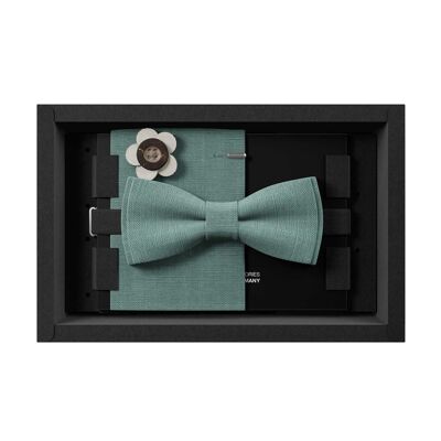 Set de regalo para hombre | Pajarita de lino verde eucalipto, pañuelo de bolsillo y ramillete | Hecho a mano en Alemania