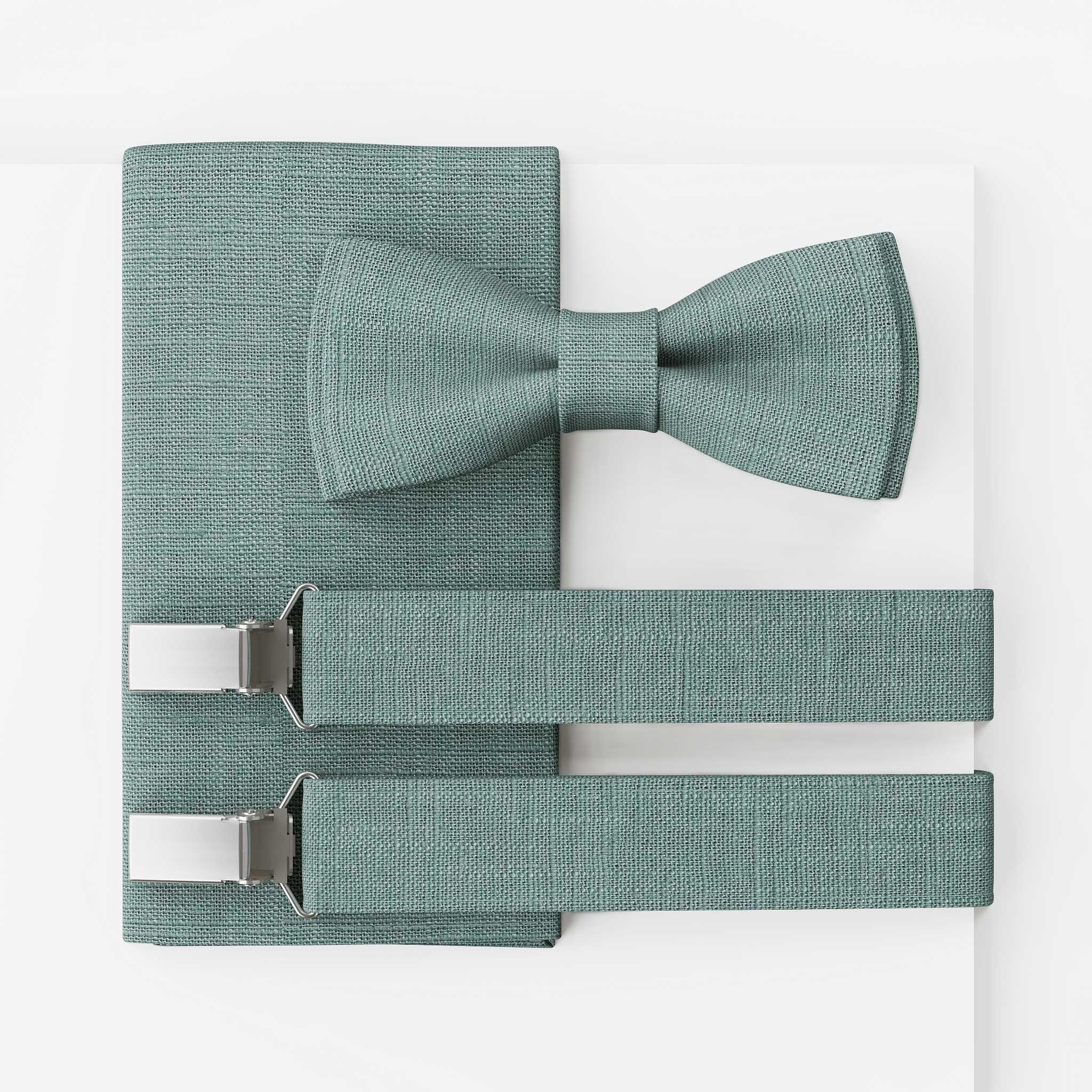 Herrenfliege Set Leinen Eukalyptus Grün | Large Batwing | Fliege & Einstecktuch oder komplett mit Hosenträger