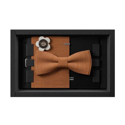 Coffret cadeau homme | Nœud papillon en lin orange, pochette et corsage | Fabriqué en Allemagne