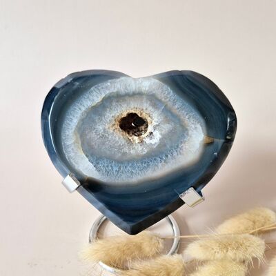Cuore di pietra preziosa di agata grigia druzy XL – Include supporto – #29 218 g 11 cm