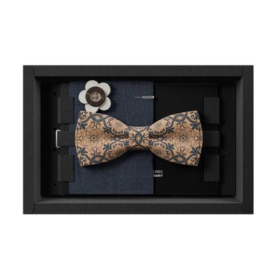 Set regalo da uomo | Papillon barocco in sughero blu + fazzoletto da taschino e corpetto | Fatto a mano in Germania