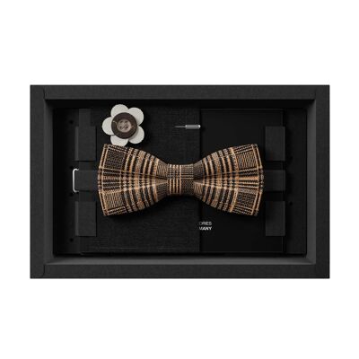 Coffret cadeau homme | Nœud papillon en liège à carreaux noirs, pochette et corsage | Fabriqué en Allemagne