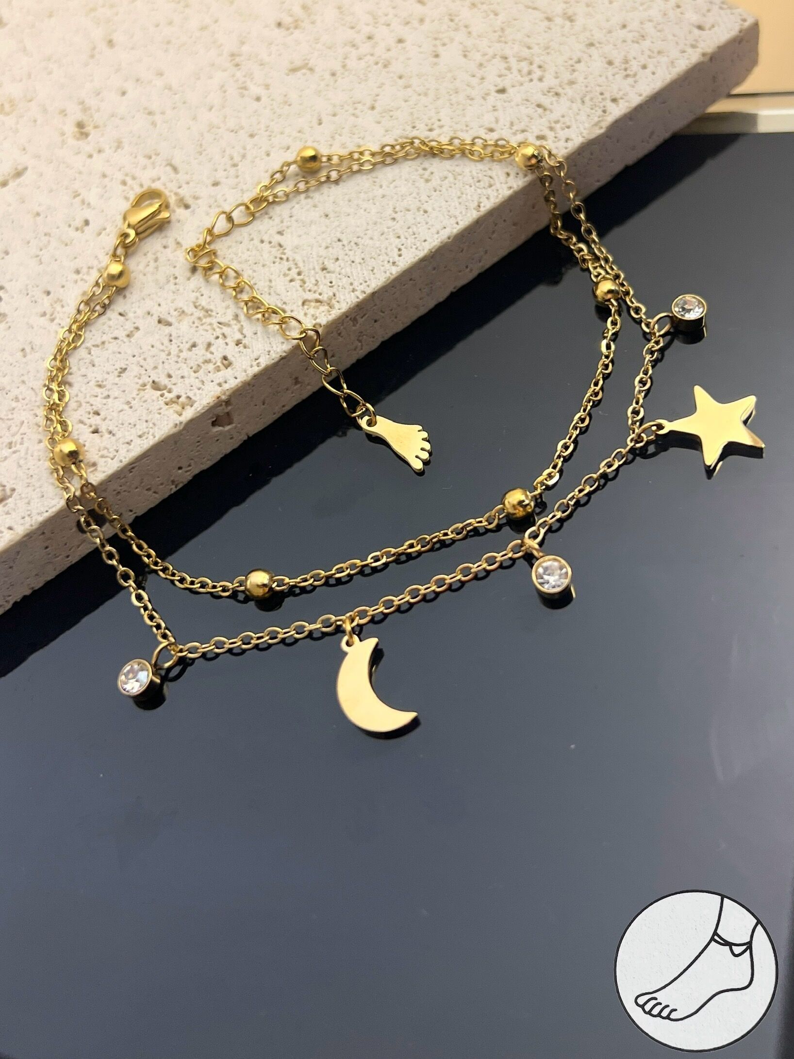 Double-turn steel ankle chain with moon and star charm