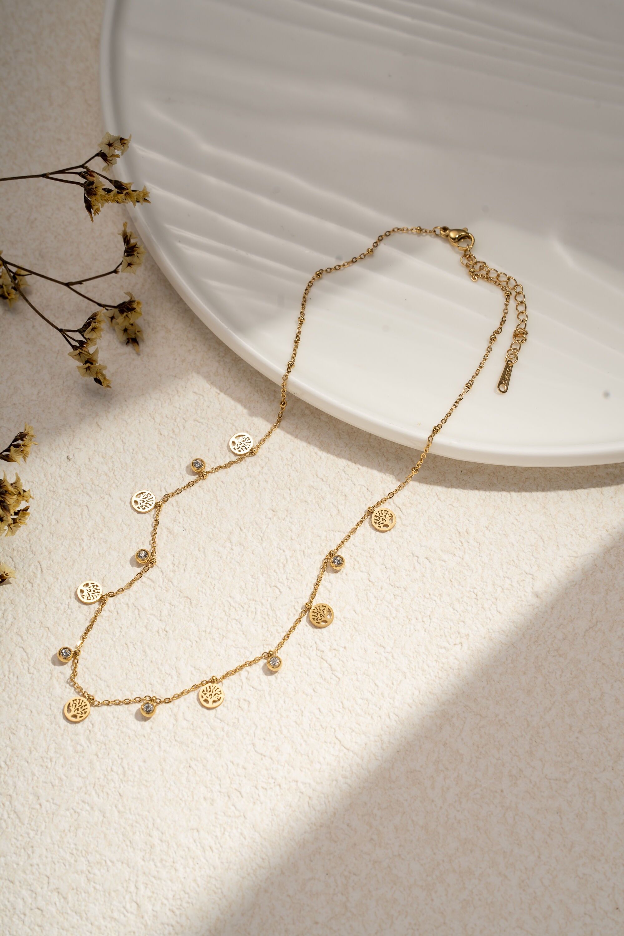 Collier breloque Arbre de Vie et strass en Acier Inoxydable