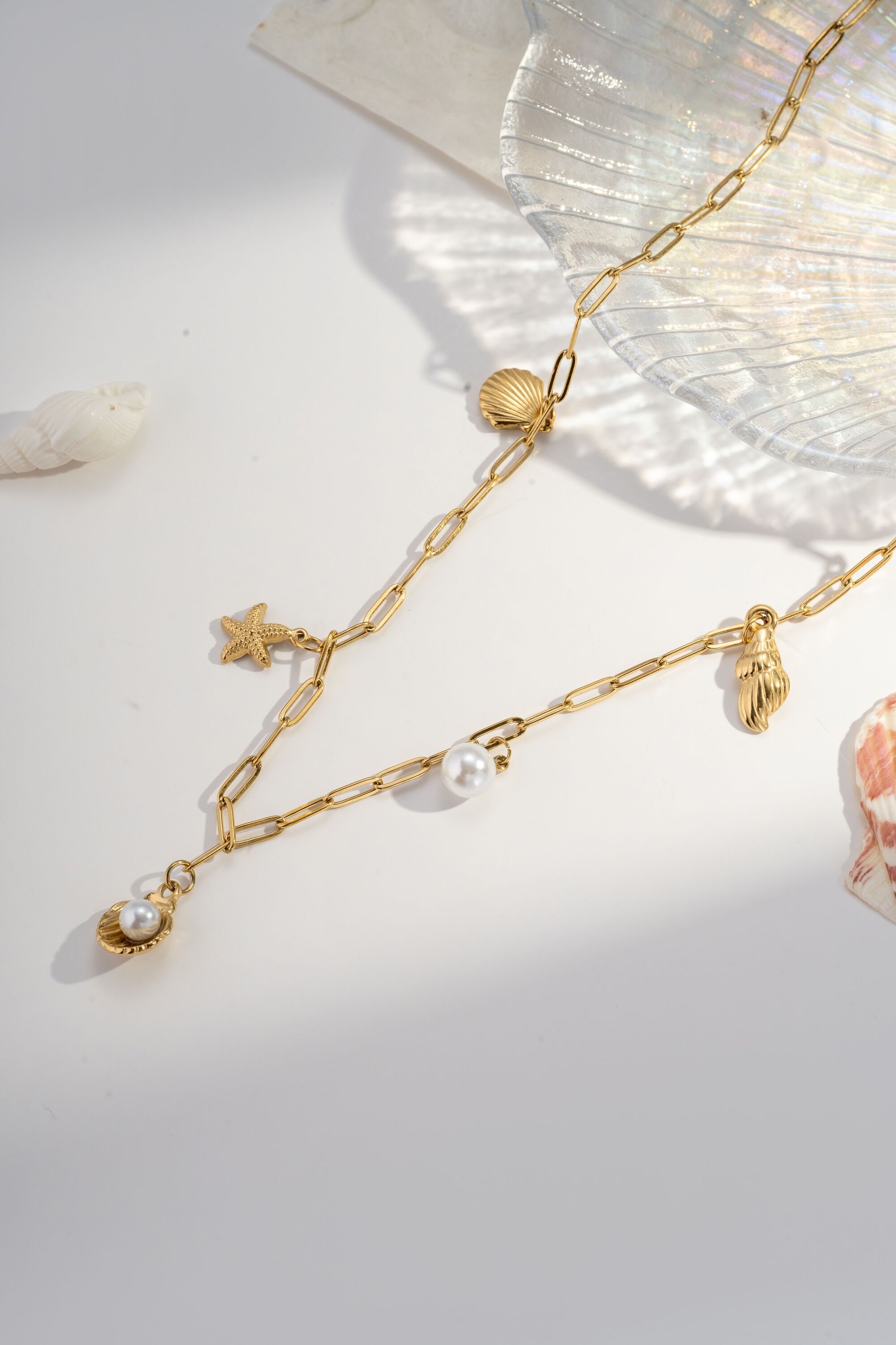 Gold-tone stainless steel marine charm necklace