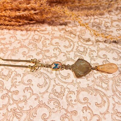 Hairpin resin pearl butterfly gold brass fan for women handmade bohemian chic Mother's Day Gift Idea - Mom Gift