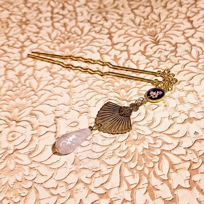 Hairpin resin cherry blossom pearl golden brass butterfly fan handmade bohemian chic Mother's Day Gift Idea - Mom Gift