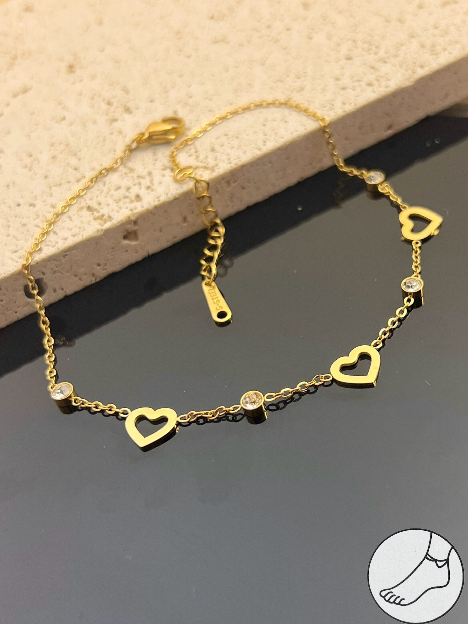 Stainless Steel & Rhinestone Anklet with Small Shiny Heart