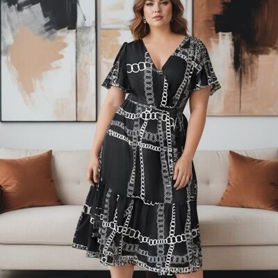 Black chain print wrap dress (C6552)