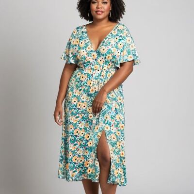 Plus Size Green Slit Printed Dress (C6555)