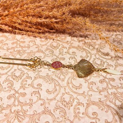 Hairpin resin Japanese waves pearl golden brass fan handmade bohemian chic Mother's Day Gift Idea - Mom Gift