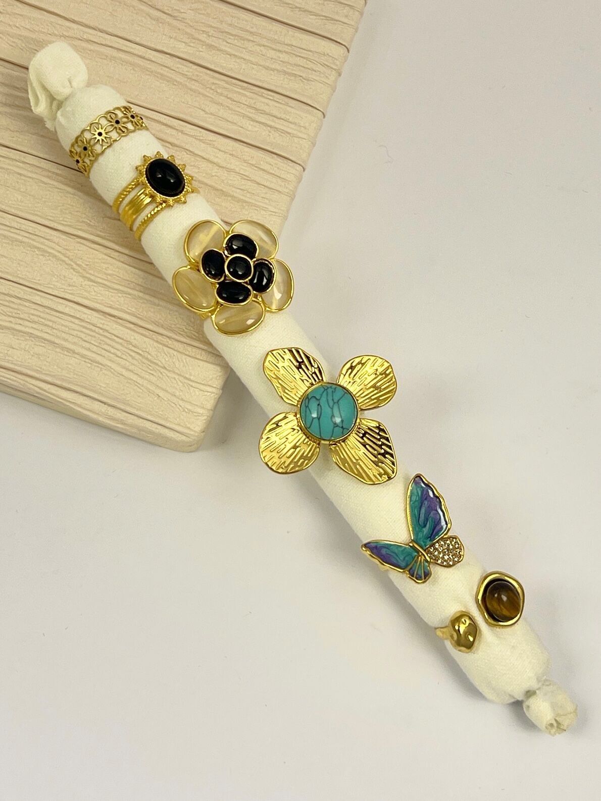 Set of 6 Rings in Various Shapes: Butterfly, Flower, Leaf, Steel