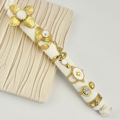 Set of 6 adjustable rings of white stones and mother-of-pearl in steel