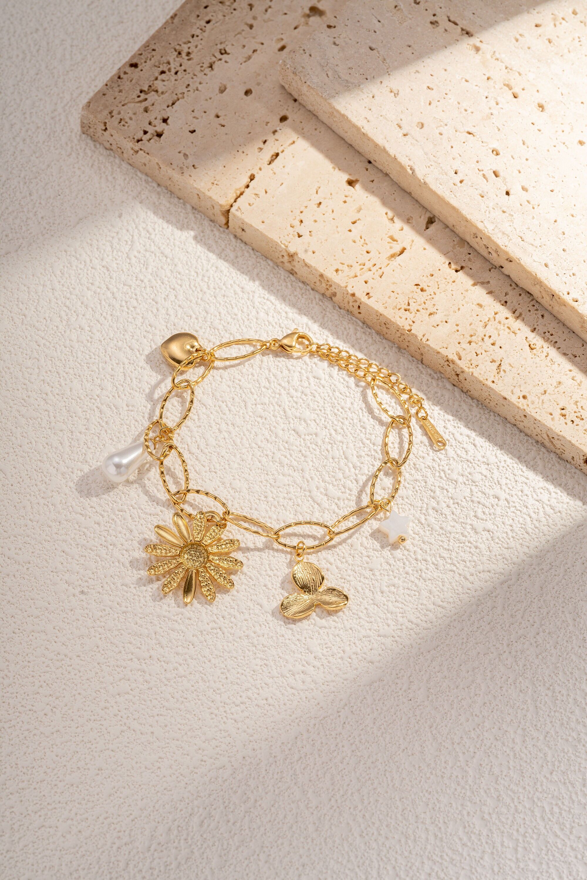 Stainless steel flower, star, heart charm bracelet