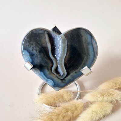 Cuore di pietra preziosa di agata grigia drusa XL – Include supporto – #30 133 g 9 cm