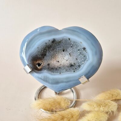 Cœur en agate grise druzy XL – Support inclus – n° 31 181 g 9,5 cm