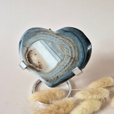 Cuore di pietra preziosa di agata grigia drusa XL – Include supporto – #32 144 g 9,5 cm