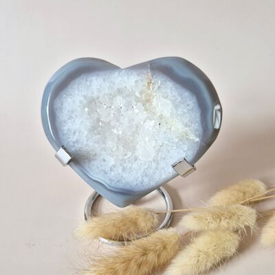 Cuore di pietra preziosa di agata grigia drusa XL – Include supporto – #33 164 g 10 cm