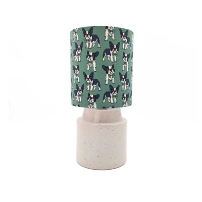 Round, boho chic white - pyritewhite ceramic table lamp with figured, patterned French Bulldog drum fabric shade