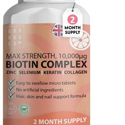 Complexe de croissance capillaire à la biotine Grounded 10 000 mcg – Renforcement, épaisseur et volume des cheveux