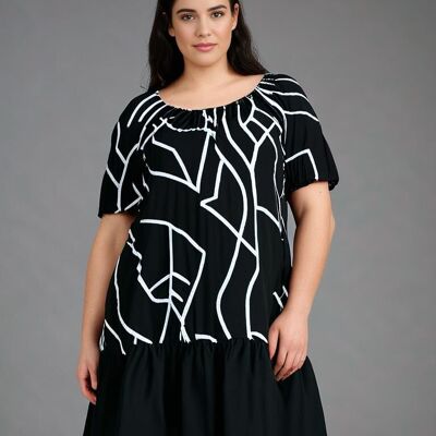 Plus size black print ruffled short dress (C6571)