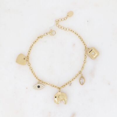 Bracciale - ciondoli multipli (cuore, occhio, elefante, cristallo e fiore)