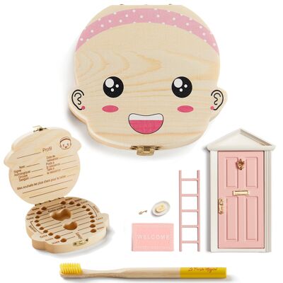 (FRANÇAISE) boîte dents de lait, brosse a dent enfant en bamboo et porte magique la petite souris + 11 Accessoires (rose fille brosse)