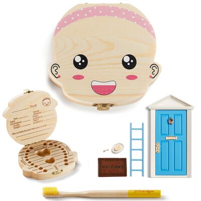 ( FRANÇAISE ) boîte dents de lait, brosse a dent enfant en bamboo et porte magique la petite souris + 11 Accessoires (bleu fille brosse)