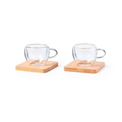 Set of 2 Borosilicate Glass Cups 90 ml.2 Bamboo Coasters Color: Transparent