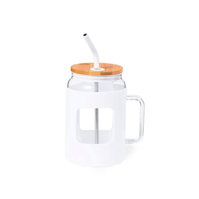 Glass jar/jug 1.6 L. Silicone Case.Bamboo lid and steel straw Color: White
