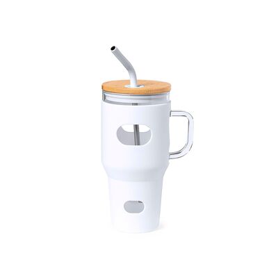 Glass jar/jug 1.1 L. Silicone Case.Bamboo lid and steel straw Color: White