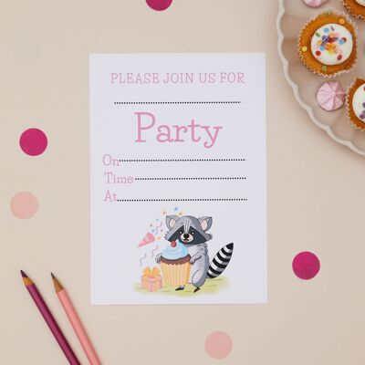 Invitaciones A6 - Invitaciones de cumpleaños infantiles con diseño de mapache - Paquete de 10