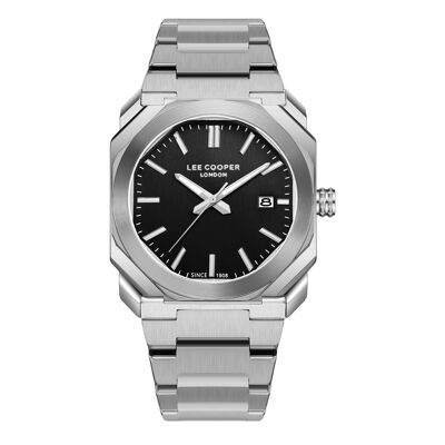 LeeCooper – HOWARD – LC08185 – Reloj para hombre – Movimiento de cuarzo analógico, 3 manecillas y fecha – Caja redonda de metal plateado