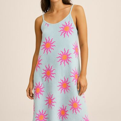 VESTIDO LEVINÉS DE TELA DE QUESO 100 % ALGODÓN CON BAJO CON VOLANTES Y ESTAMPADO DE SOL