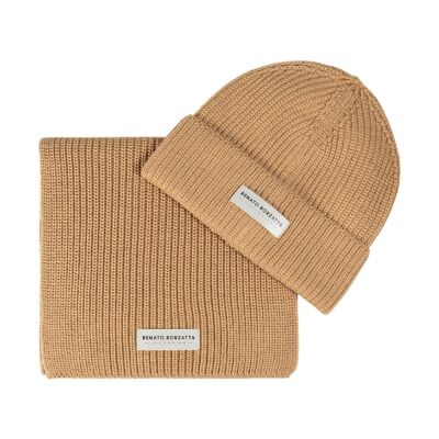 RB5004Z | Conjunto de bufanda y gorro de punto en mezcla de lana CERVINO Fabricado en Italia.Color camello - Talla única