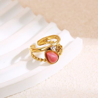 Bague dorée fleur strass et pierre goutte rose